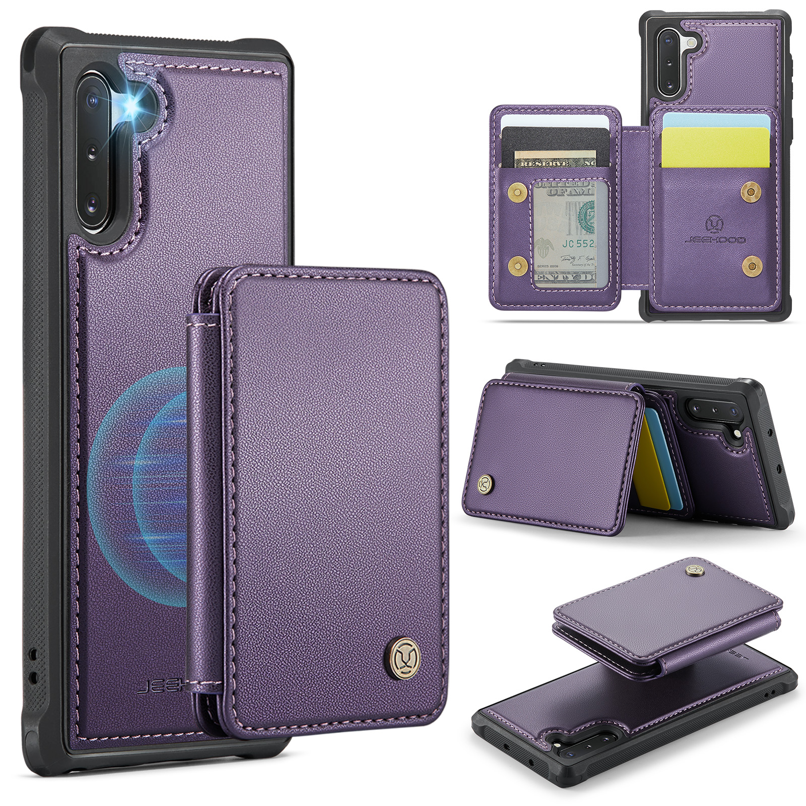 JEEHOOD For Samsung Galaxy Note 10 4G Case J05 Leather Mobile Cover with Detachable Magnetic Card Bag - Purple