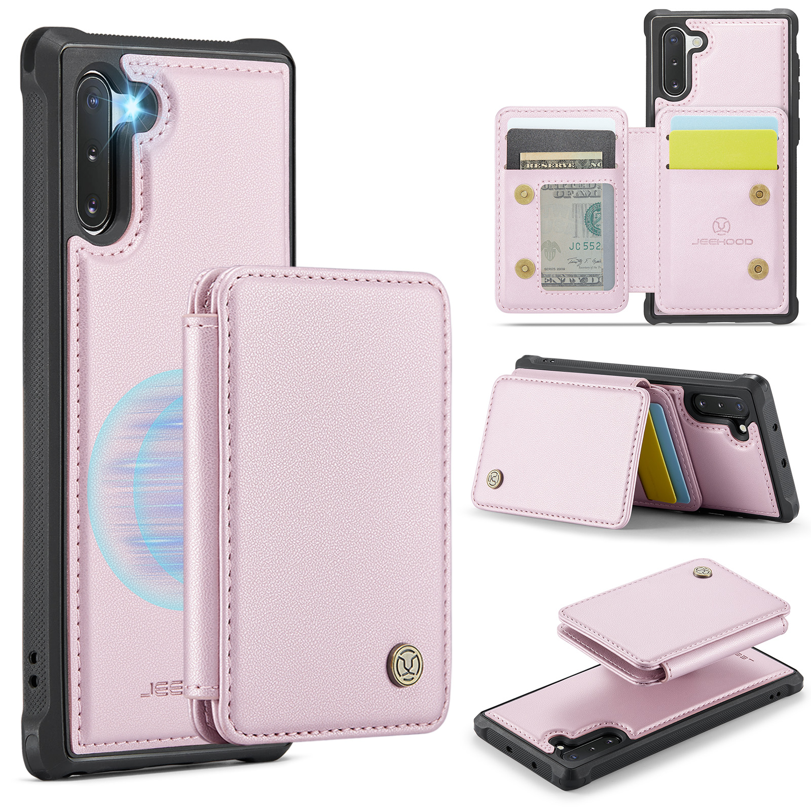 JEEHOOD For Samsung Galaxy Note 10 4G Case  J05 Leather Mobile Cover with Detachable Magnetic Card Bag - Pink
