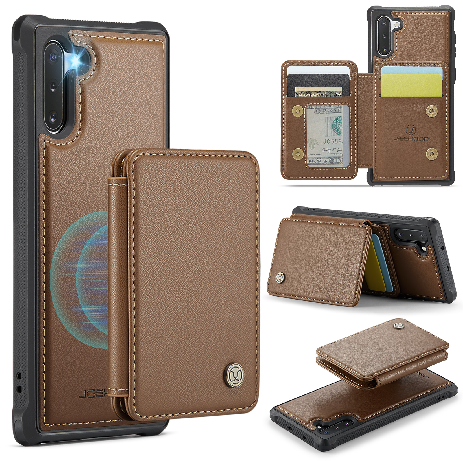 JEEHOOD For Samsung Galaxy Note 10 4G Case J05 Leather Mobile Cover with Detachable Magnetic Card Bag - Brown