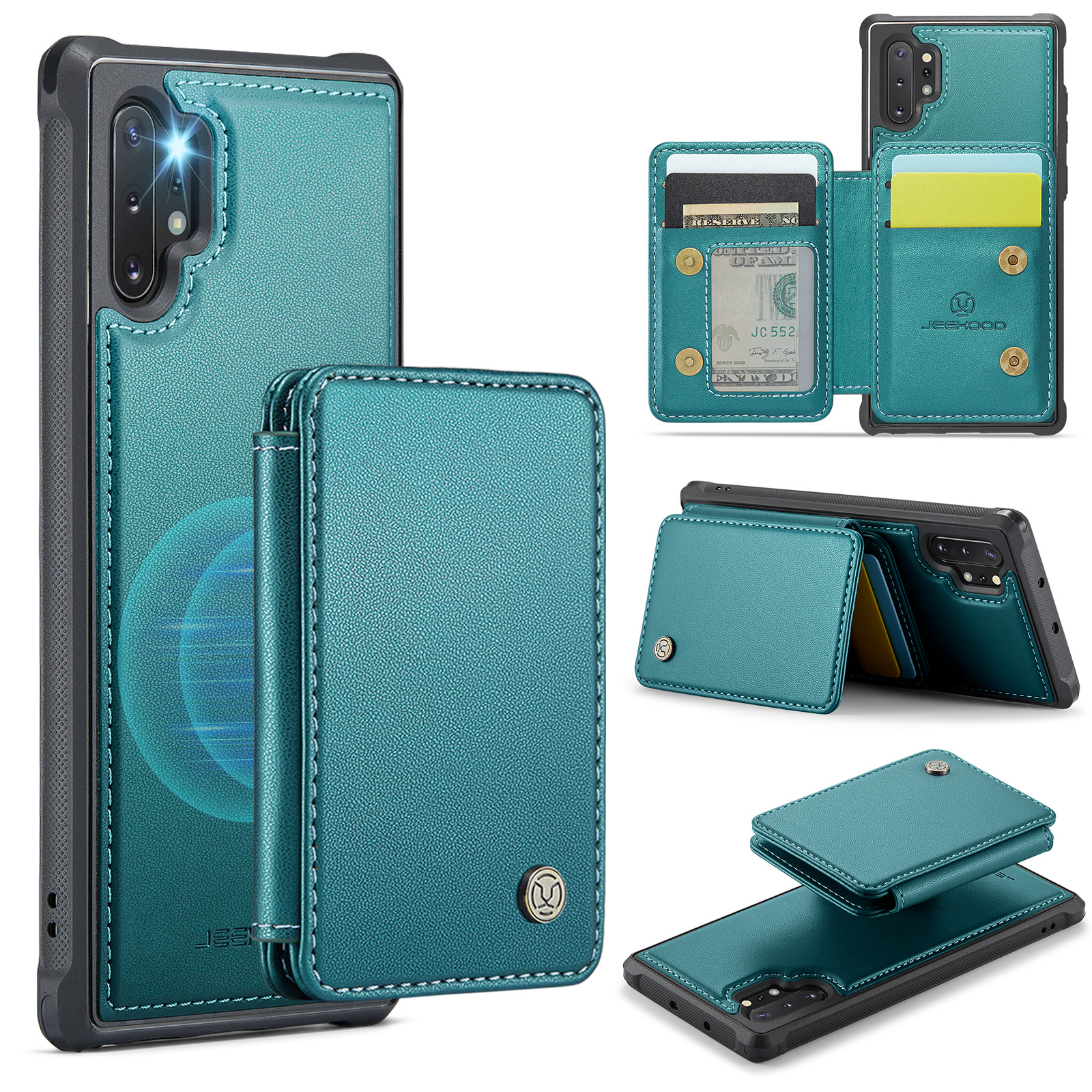 JEEHOOD For Samsung Galaxy Note 10 Plus 4G Case J05 Leather Mobile Cover with Detachable Magnetic Card Bag - Blue