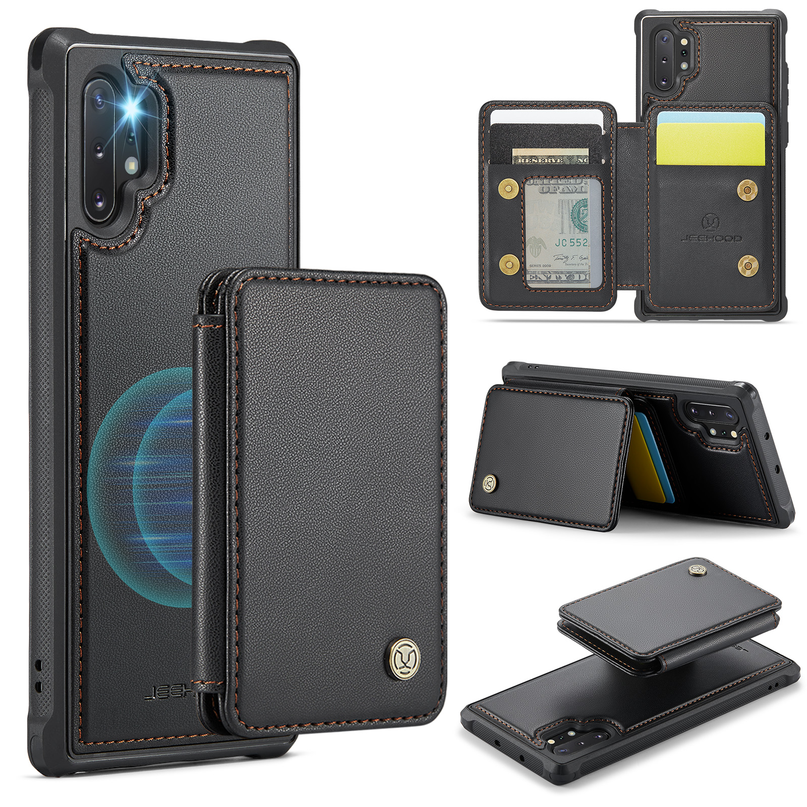 JEEHOOD For Samsung Galaxy Note 10 Plus 4G Case  J05 Leather Mobile Cover with Detachable Magnetic Card Bag - Black