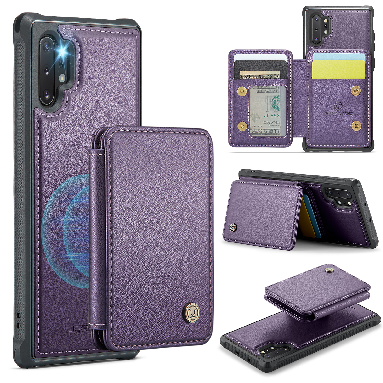 JEEHOOD For Samsung Galaxy Note 10 Plus 4G Case J05 Leather Mobile Cover with Detachable Magnetic Card Bag - Purple