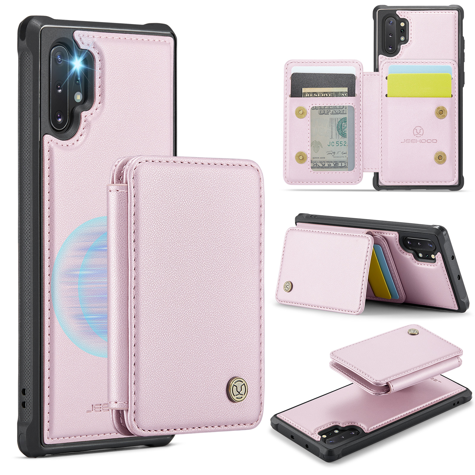 JEEHOOD For Samsung Galaxy Note 10 Plus 4G Case J05 Leather Mobile Cover with Detachable Magnetic Card Bag - Pink