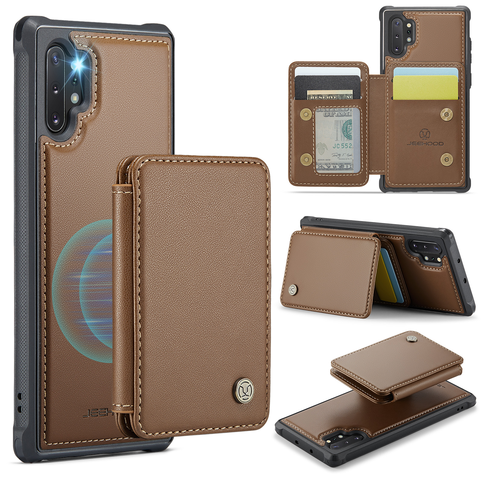 JEEHOOD For Samsung Galaxy Note 10 Plus 4G Case J05 Leather Mobile Cover with Detachable Magnetic Card Bag - Brown
