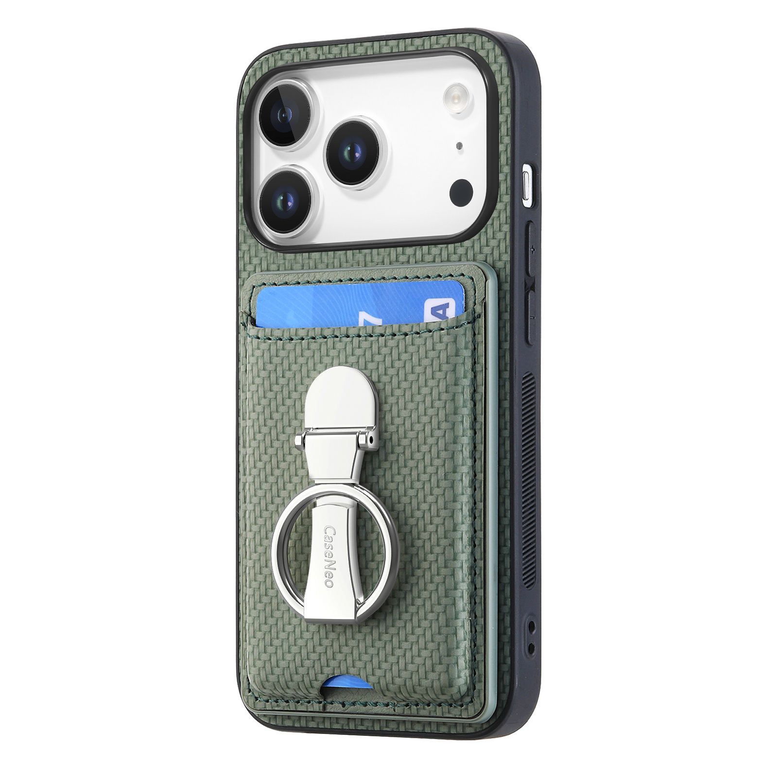 For iPhone 17 Pro Leather Phone Back Cover with Kickstand and Card Slots Carbon Fiber Texture - Green