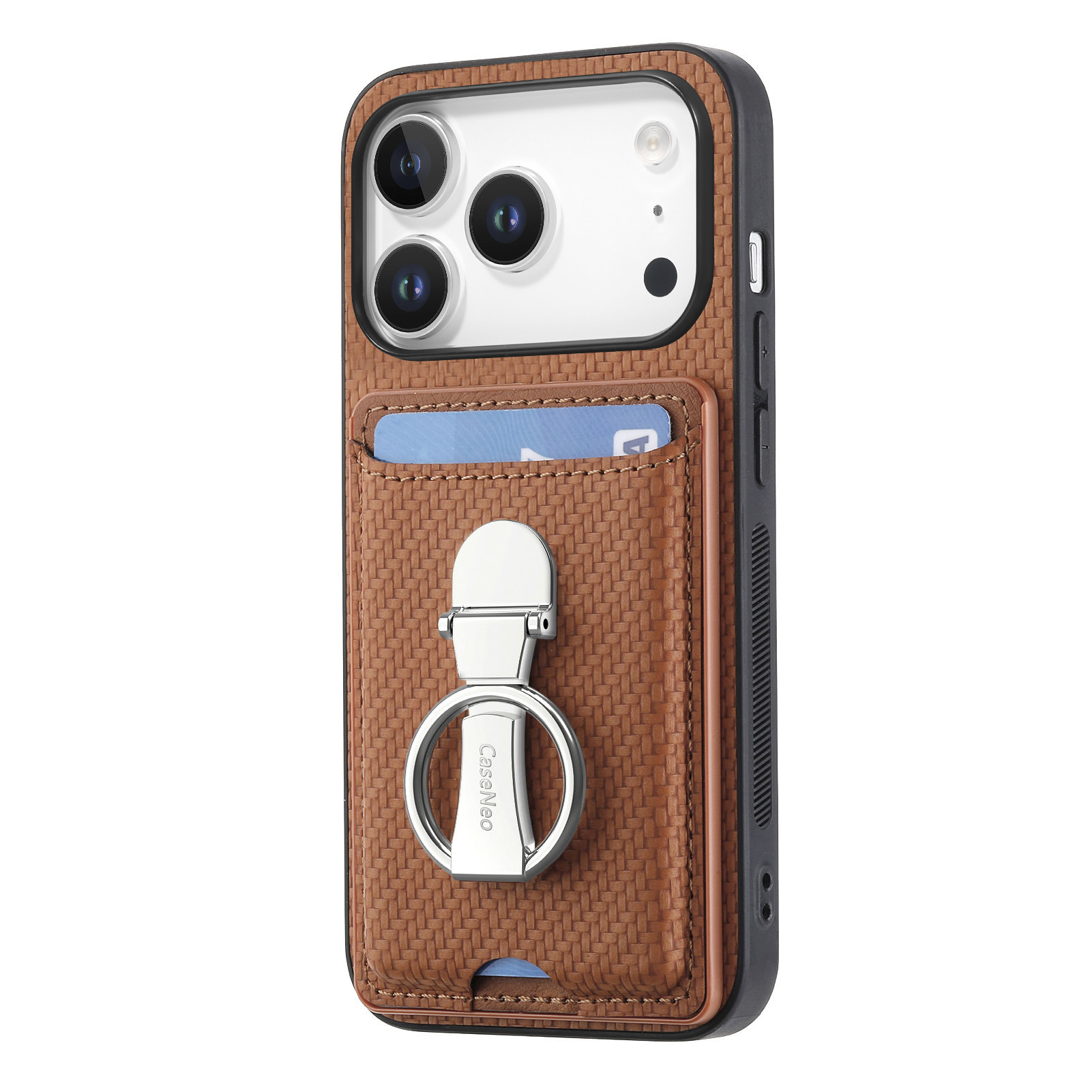 For iPhone 17 Pro Leather Phone Back Cover with Kickstand and Card Slots Carbon Fiber Texture - Brown