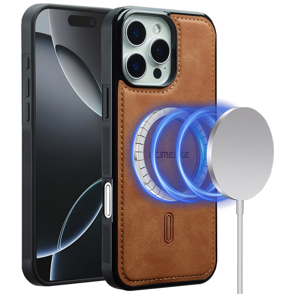 LC.IMEEKE L6 For iPhone 16 Pro Case PU Leather Coated PC TPU Phone Cover Compatible with MagSafe - Brown