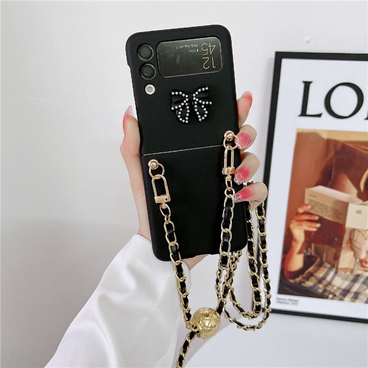 Anti-Fall Phone Case for Samsung Galaxy Z Flip4 5G Hard PC Shockproof Case Rubberized Bowknot Pattern Phone Cover with Shoulder Strap - Black-3