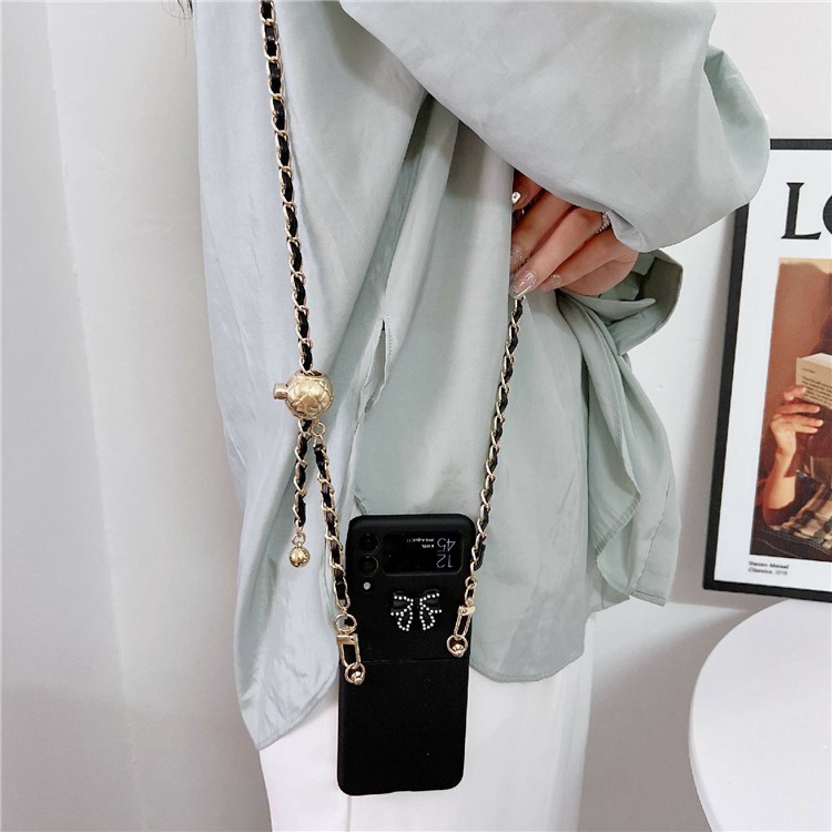 Anti-Fall Phone Case for Samsung Galaxy Z Flip4 5G Hard PC Shockproof Case Rubberized Bowknot Pattern Phone Cover with Shoulder Strap - Black-4