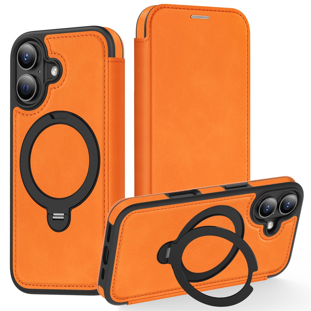 For iPhone 17 Case Compatible with MagSafe RFID Blocking Leather Wallet Cover with Rotating Ring Kickstand - Orange