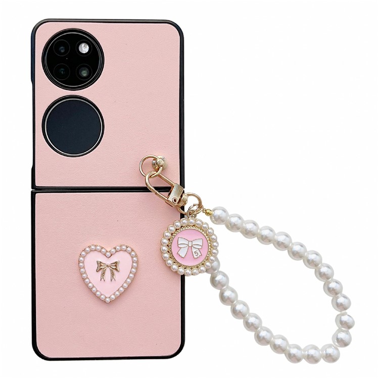 Shockproof Case for Huawei P50 Pocket Anti-Fall Phone Case 3D Heart Pattern Hard PC Cover with Pearl Strap - Pink-1
