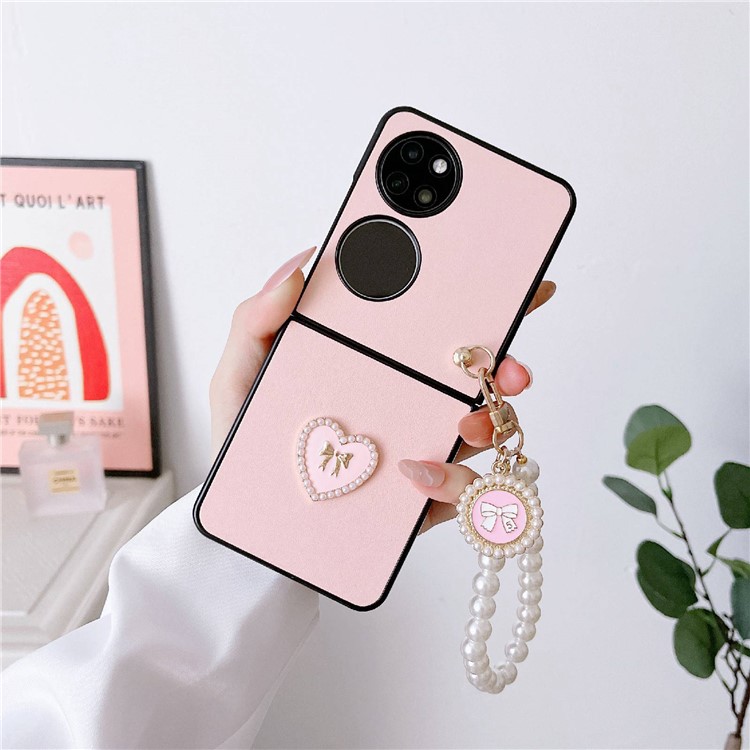 Shockproof Case for Huawei P50 Pocket Anti-Fall Phone Case 3D Heart Pattern Hard PC Cover with Pearl Strap - Pink-2