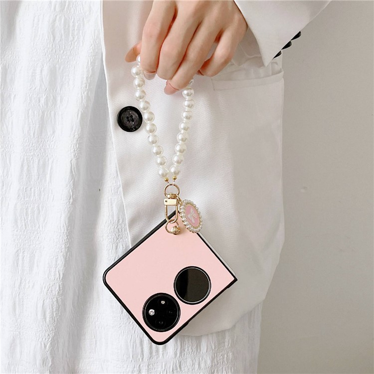 Shockproof Case for Huawei P50 Pocket Anti-Fall Phone Case 3D Heart Pattern Hard PC Cover with Pearl Strap - Pink-3