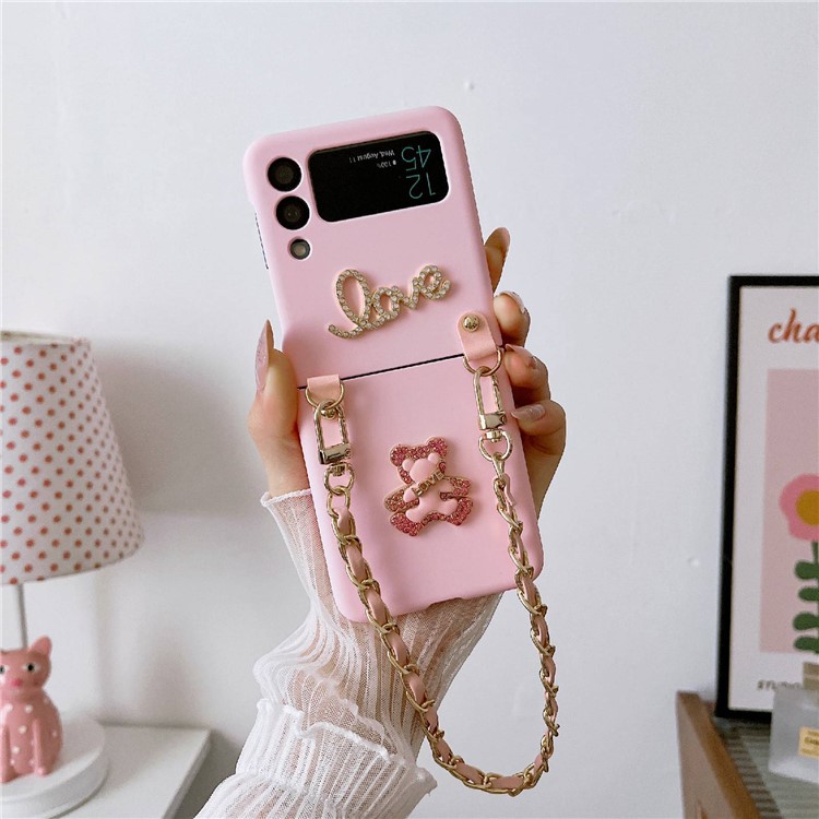 Phone Case for Samsung Galaxy Z Flip4 5G Anti-Fall Protective Case 3D LOVE Bear Design Hard PC Rubberized Cover with Hand Grip - Pink-2