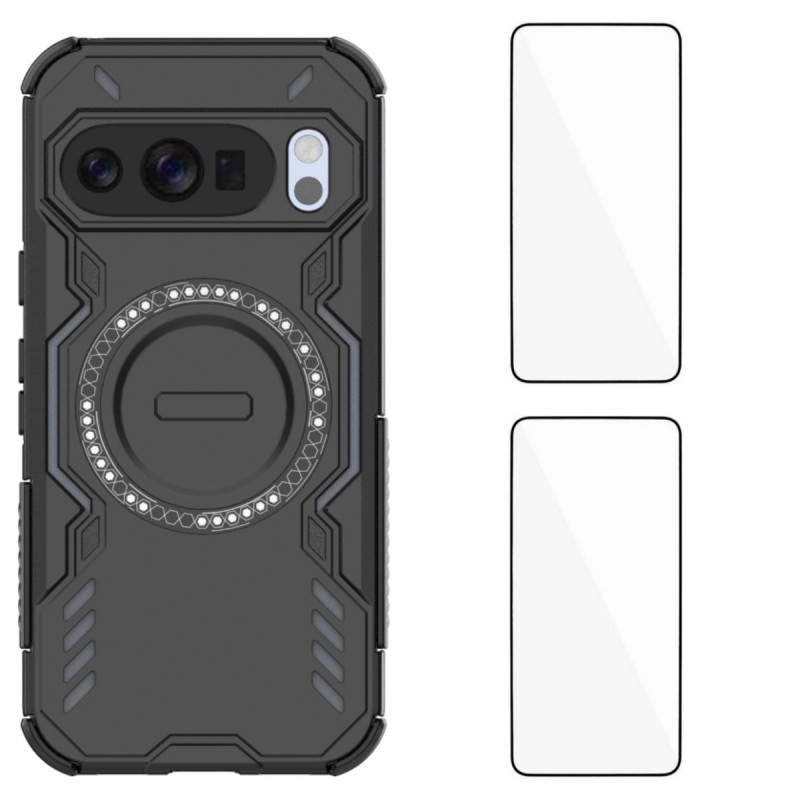 For Google Pixel 10 Pro Magnetic Case WANLONFENG DJ Series PC TPU Phone Cover with 2Pcs Tempered Glass Film - Black