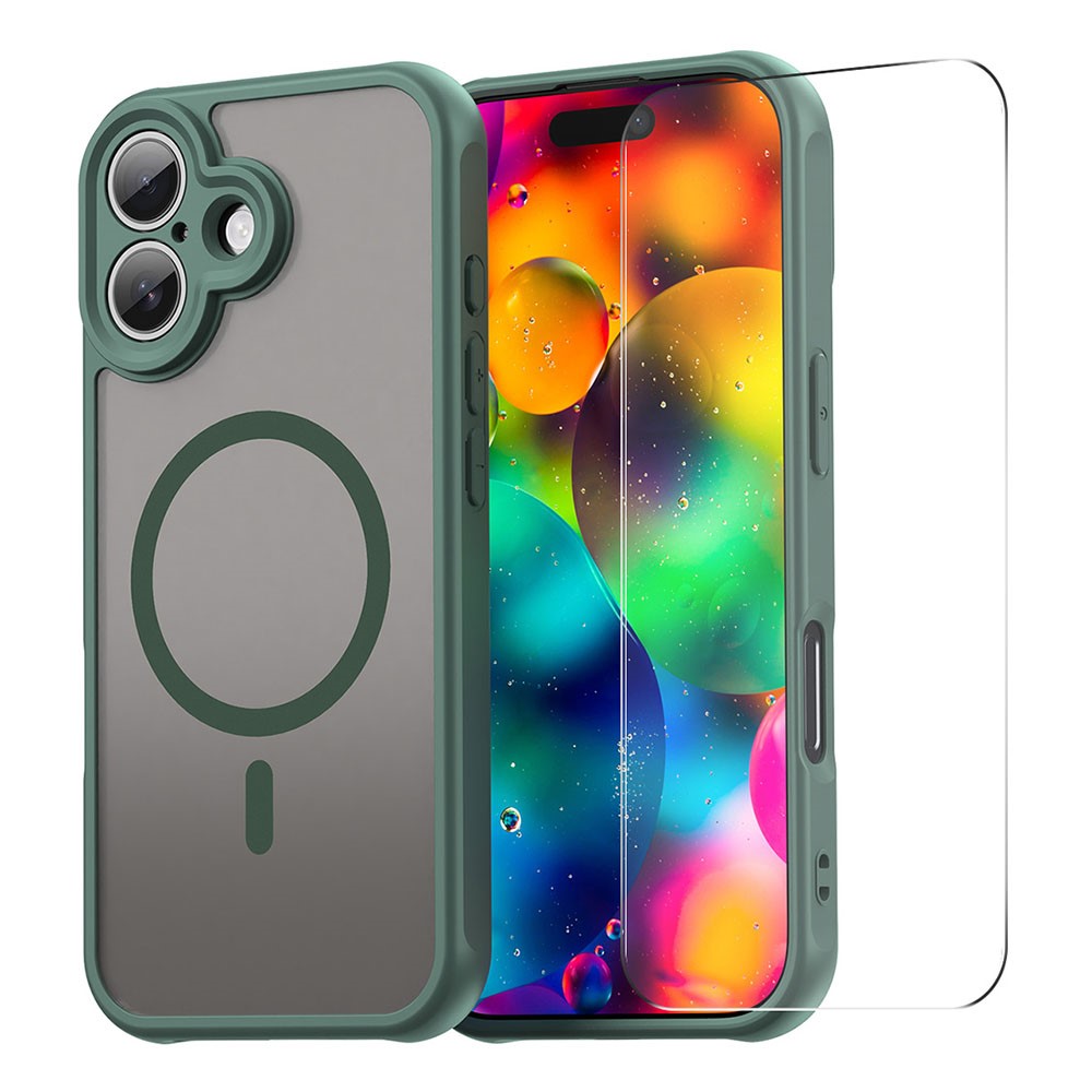 ENKAY HAT PRINCE For iPhone 16 Magnetic Case with 9H Tempered Glass PC TPU Matte Phone Cover - Green