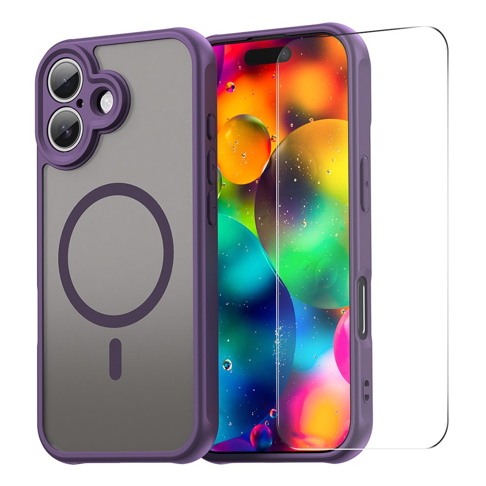ENKAY HAT PRINCE For iPhone 16 Magnetic Case with 9H Tempered Glass PC TPU Matte Phone Cover - Purple