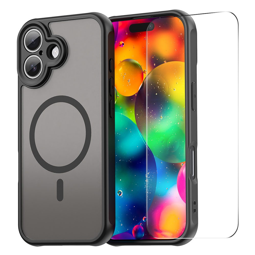 ENKAY HAT PRINCE For iPhone 16 Plus Magnetic Case with 9H Tempered Glass PC TPU Matte Phone Cover - Black