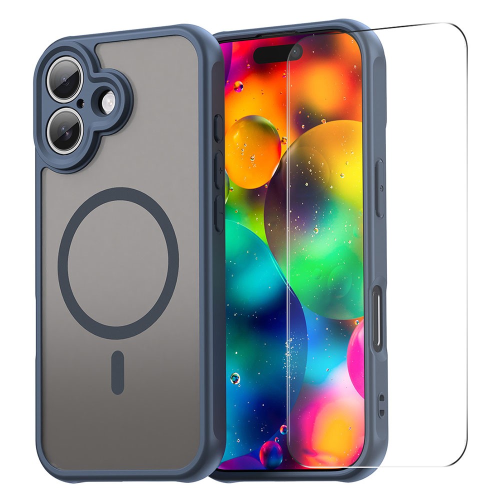 ENKAY HAT PRINCE For iPhone 16 Plus Magnetic Case with 9H Tempered Glass PC TPU Matte Phone Cover - Blue