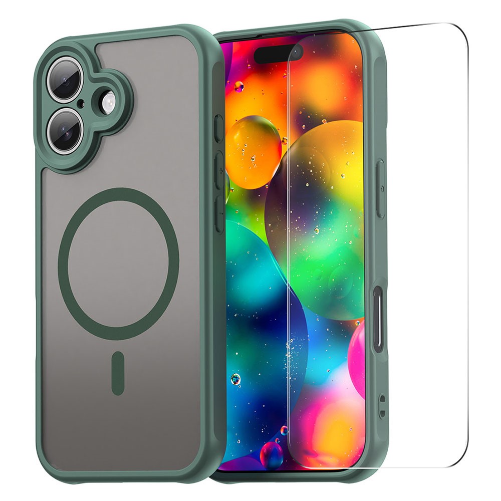 ENKAY HAT PRINCE For iPhone 16 Plus Magnetic Case with 9H Tempered Glass PC TPU Matte Phone Cover - Green