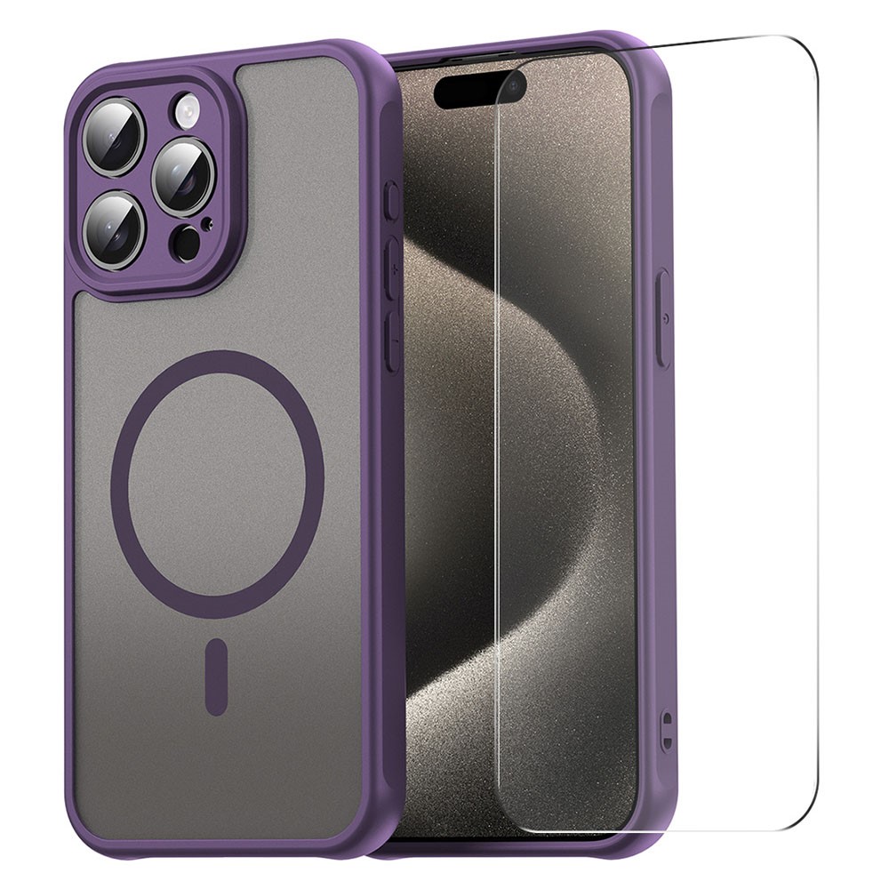 ENKAY HAT PRINCE For iPhone 16 Pro Magnetic Case with 9H Tempered Glass PC TPU Matte Phone Cover - Purple