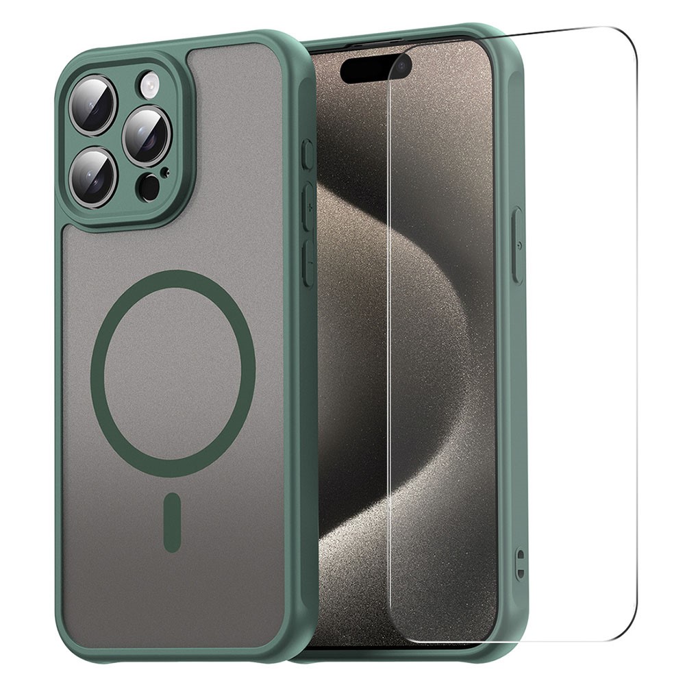 ENKAY HAT PRINCE For iPhone 16 Pro Max Magnetic Case with 9H Tempered Glass PC TPU Matte Phone Cover - Green