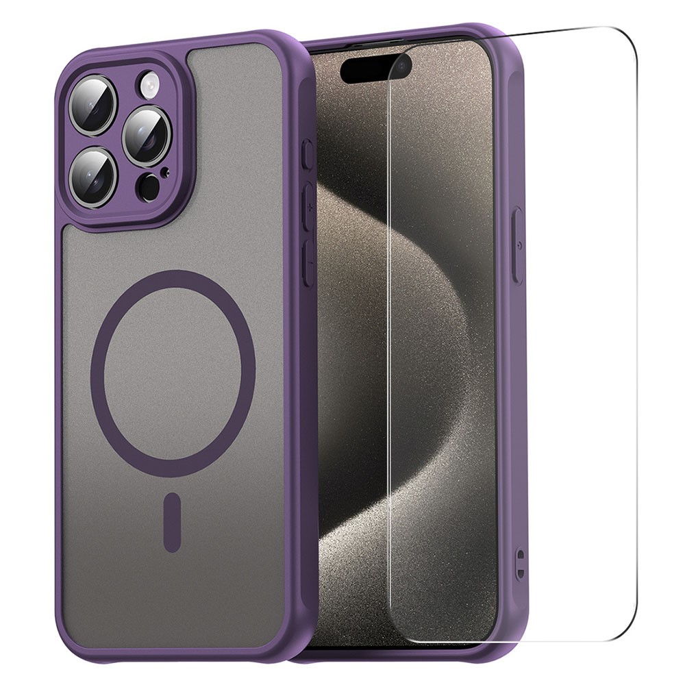 ENKAY HAT PRINCE For iPhone 16 Pro Max Magnetic Case with 9H Tempered Glass PC TPU Matte Phone Cover - Purple