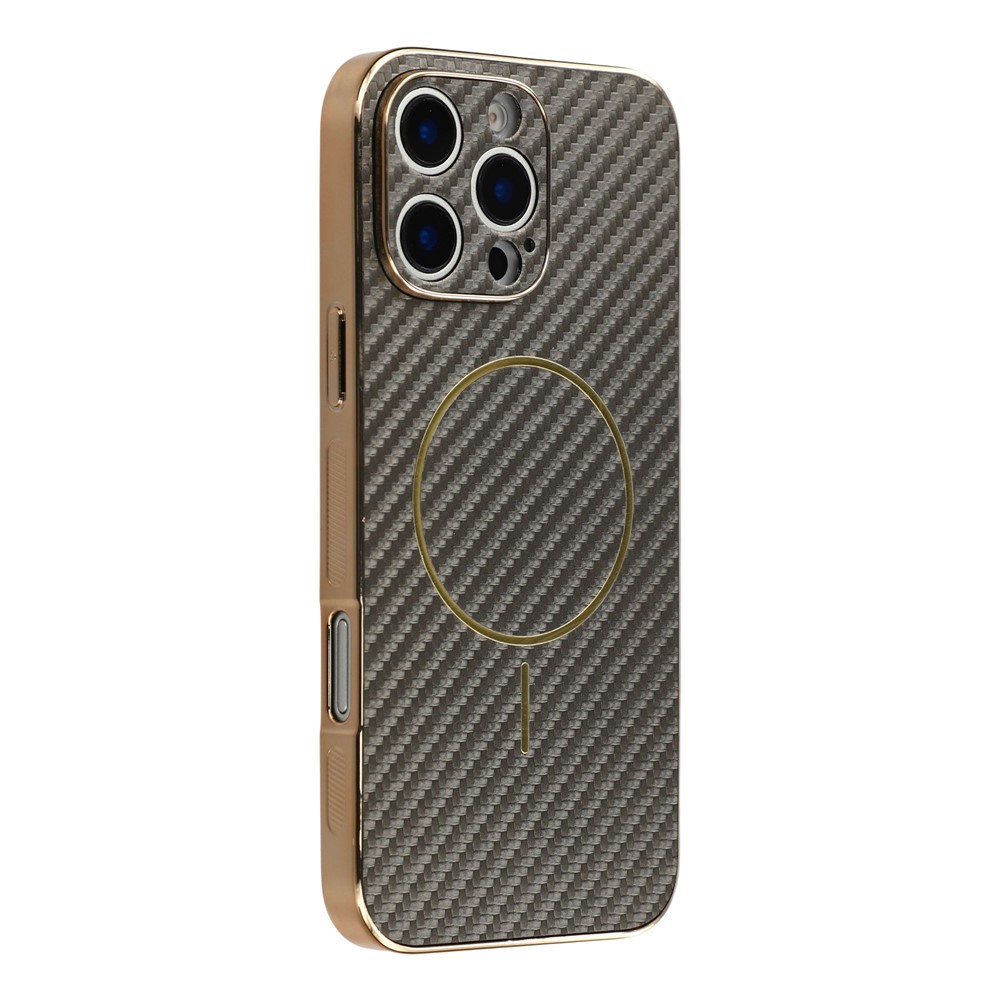 For iPhone 16 Pro Max Phone Case Carbon Fiber Textured Electroplated TPU Back Cover - Coffee