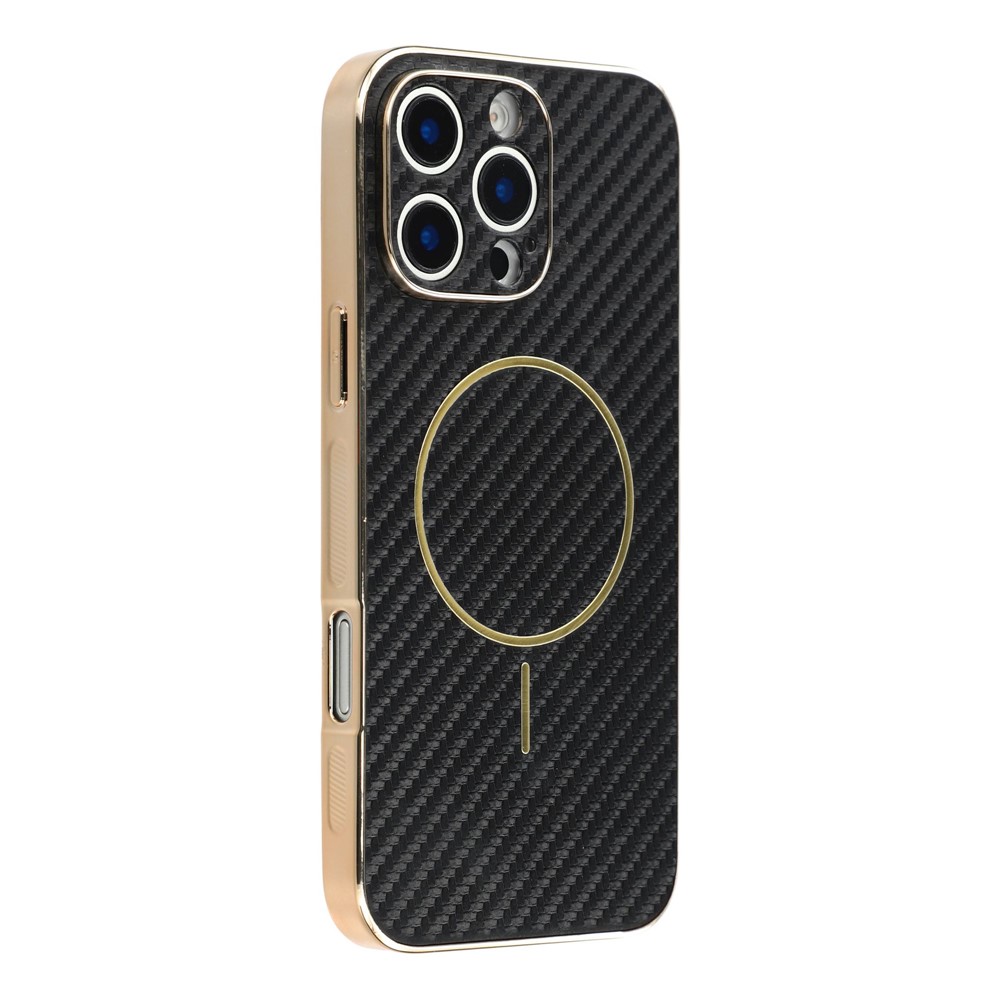 For iPhone 16 Pro Max Phone Case Carbon Fiber Textured Electroplated TPU Back Cover - Black