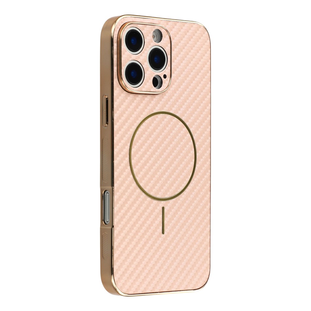 For iPhone 16 Pro Phone Case Carbon Fiber Textured Electroplated TPU Back Cover - Pink