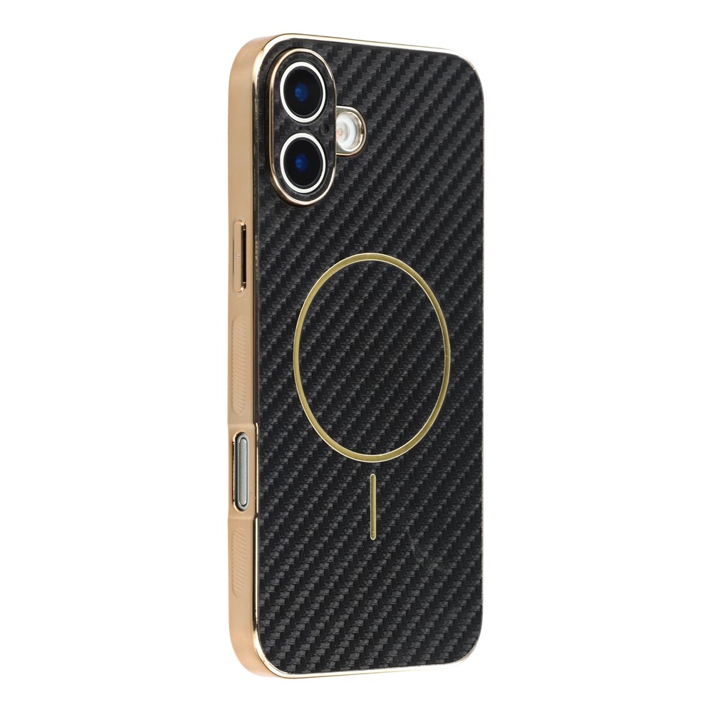 For iPhone 16 Phone Case Carbon Fiber Textured Electroplated TPU Back Cover - Black