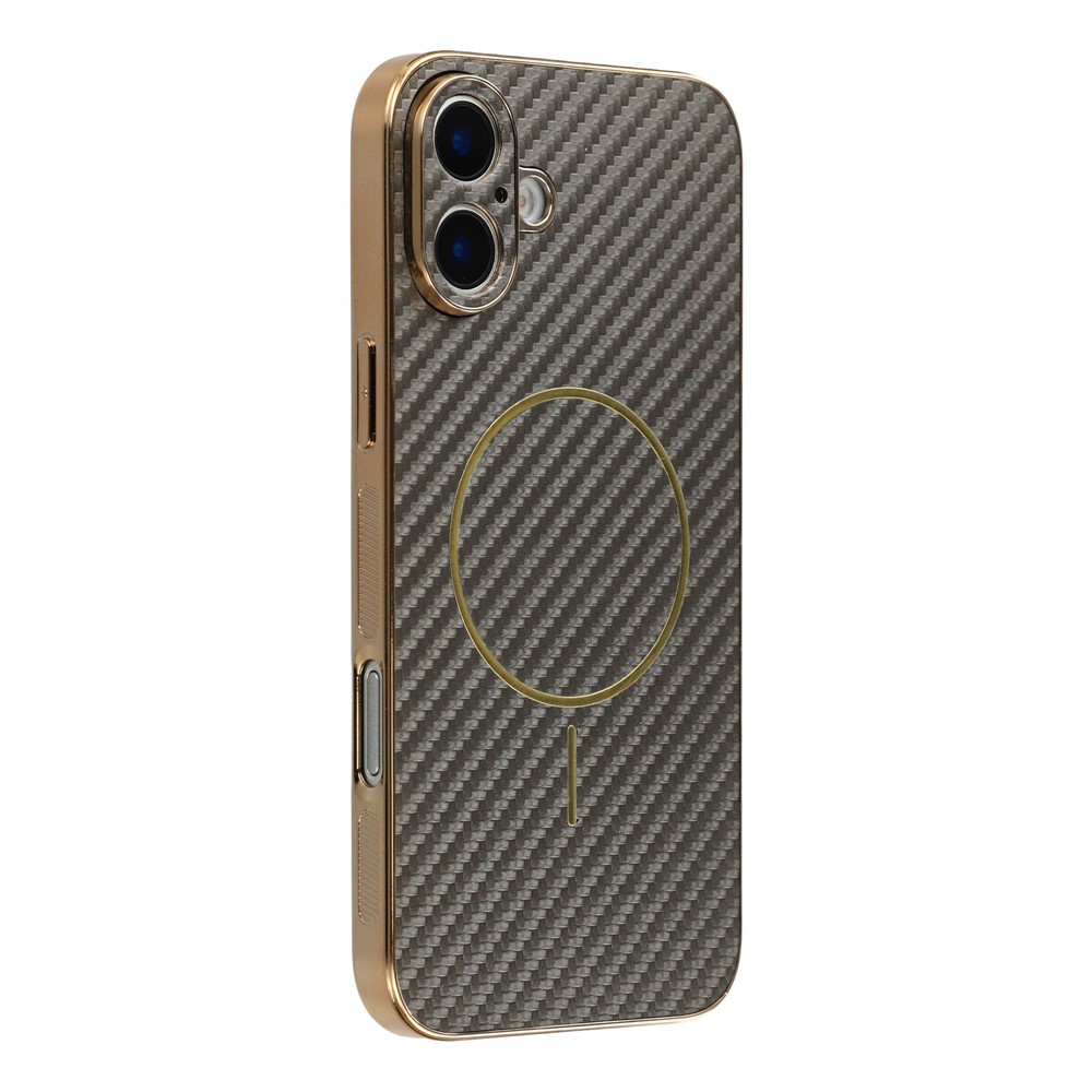 For iPhone 16 Plus Phone Case Carbon Fiber Textured Electroplated TPU Back Cover - Coffee
