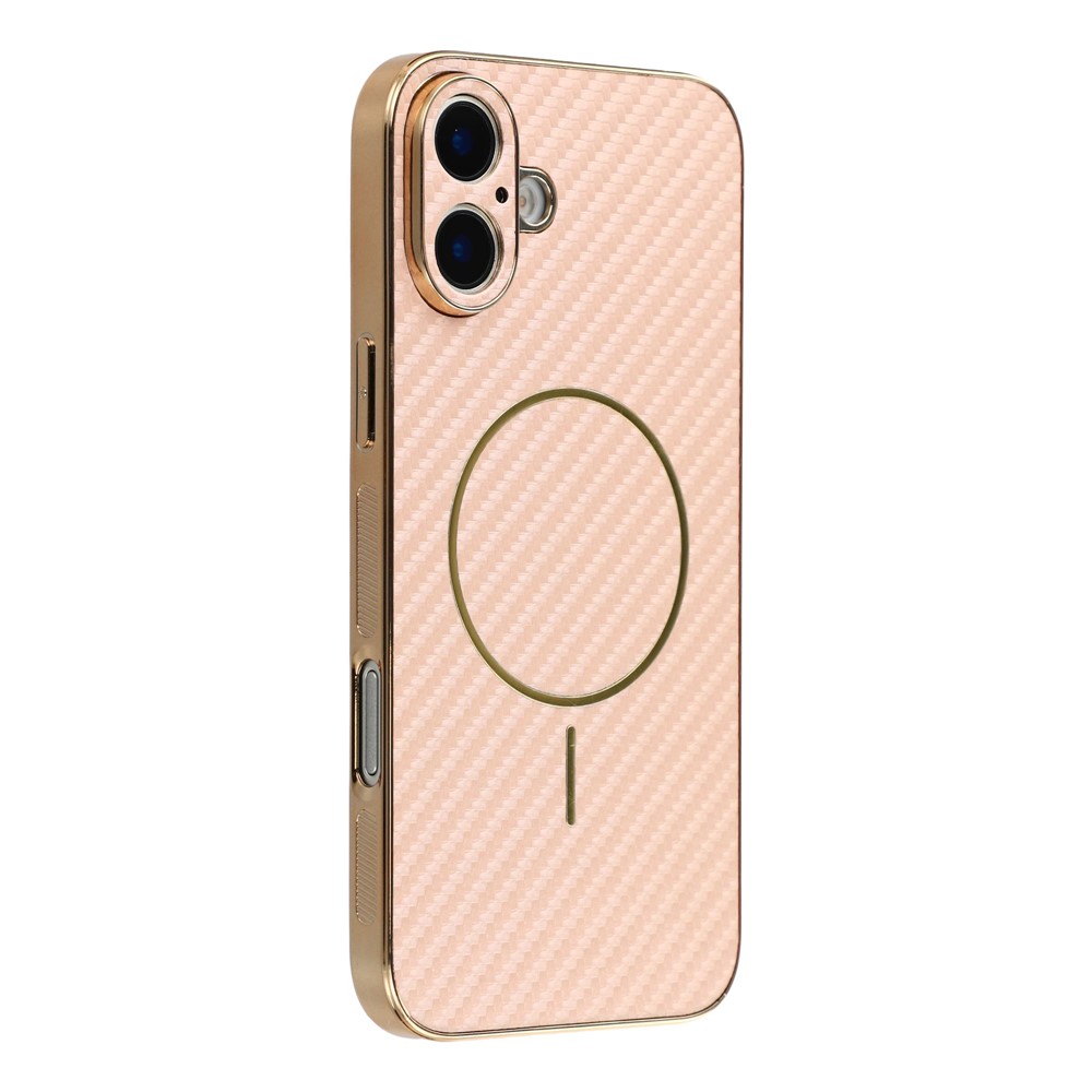 For iPhone 16 Plus Phone Case Carbon Fiber Textured Electroplated TPU Back Cover - Pink