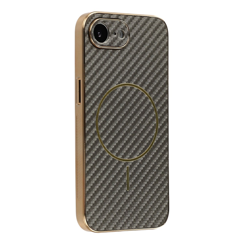 For iPhone 16e Phone Case Carbon Fiber Textured Electroplated TPU Back Cover - Coffee