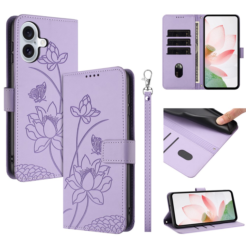 For iPhone 17 Case Wallet Stand Lotus Imprint Leather Phone Cover with Wrist Strap - Purple