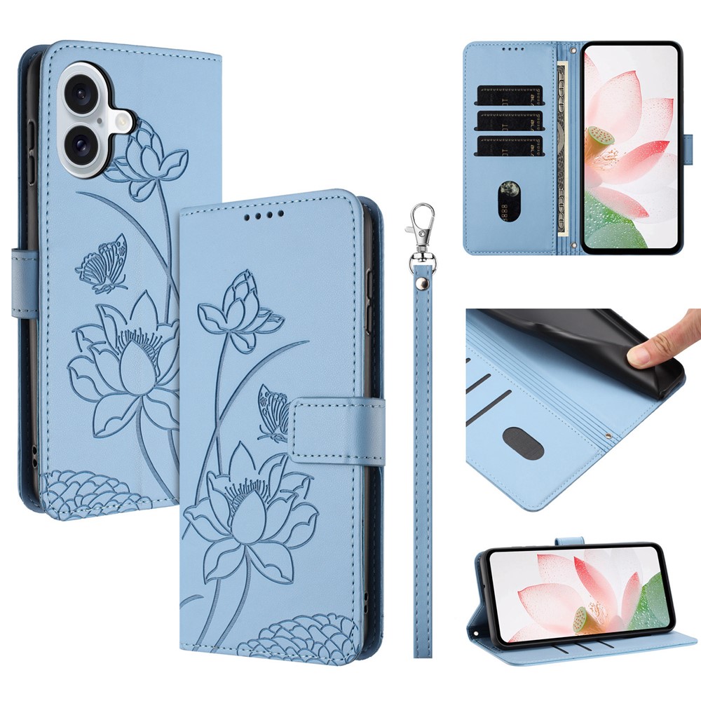 For iPhone 17 Case Wallet Stand Lotus Imprint Leather Phone Cover with Wrist Strap - Blue