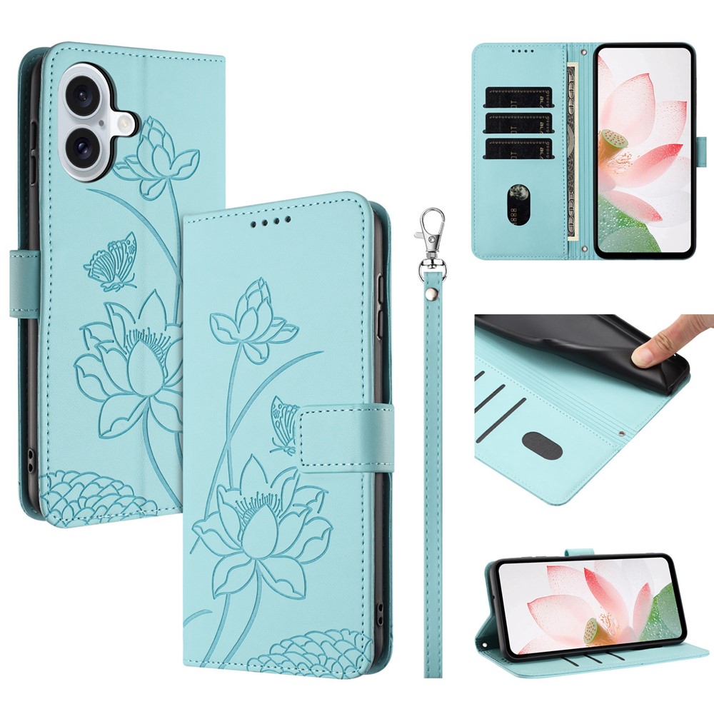 For iPhone 17 Case Wallet Stand Lotus Imprint Leather Phone Cover with Wrist Strap - Green