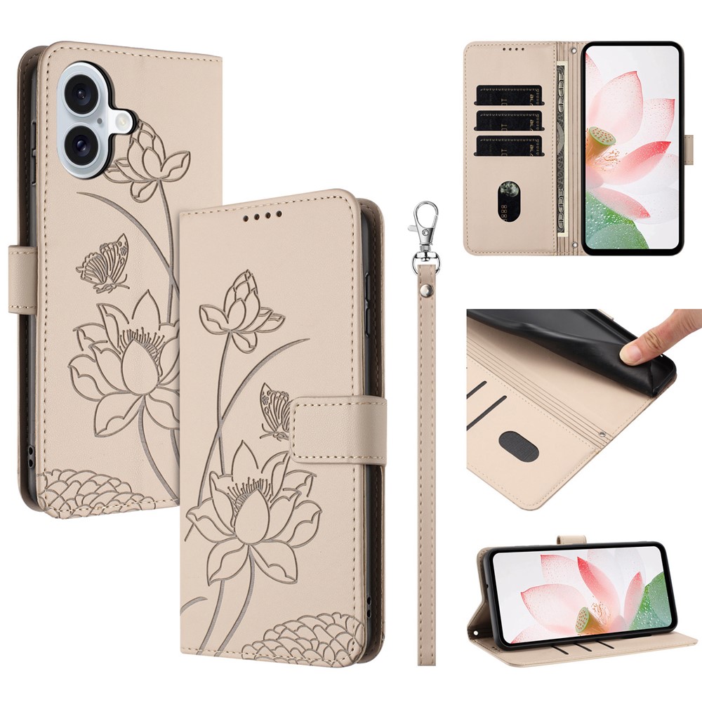For iPhone 17 Case Wallet Stand Lotus Imprint Leather Phone Cover with Wrist Strap - Beige