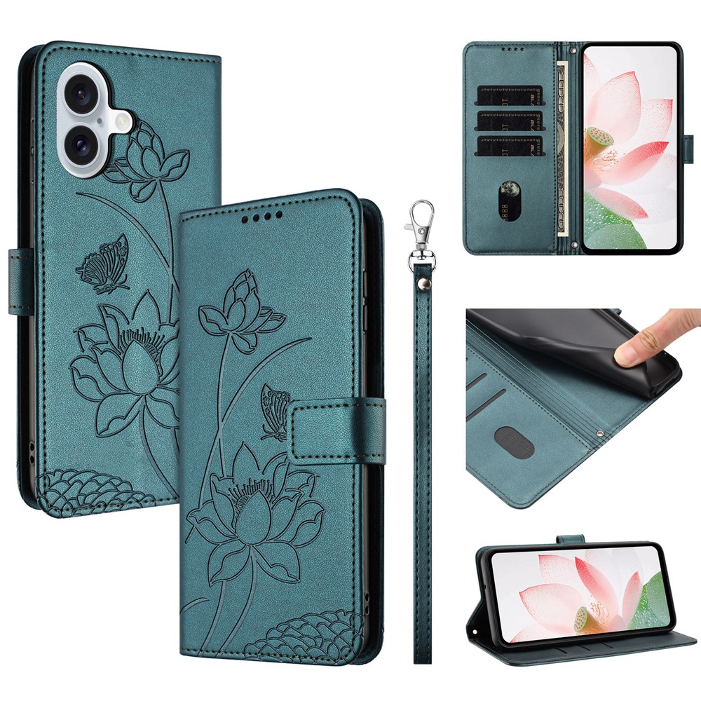 For iPhone 17 Case Wallet Stand Lotus Imprint Leather Phone Cover with Wrist Strap - Dark Green