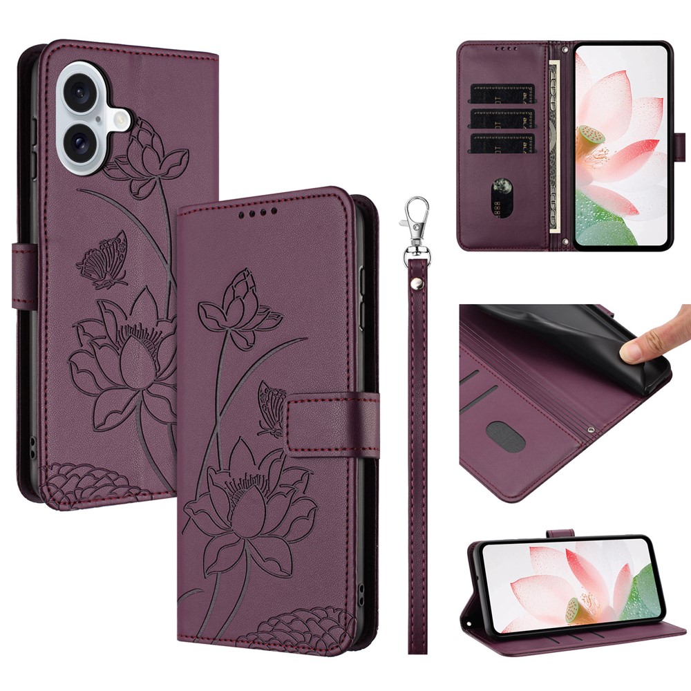 For iPhone 17 Case Wallet Stand Lotus Imprint Leather Phone Cover with Wrist Strap - Wine Red