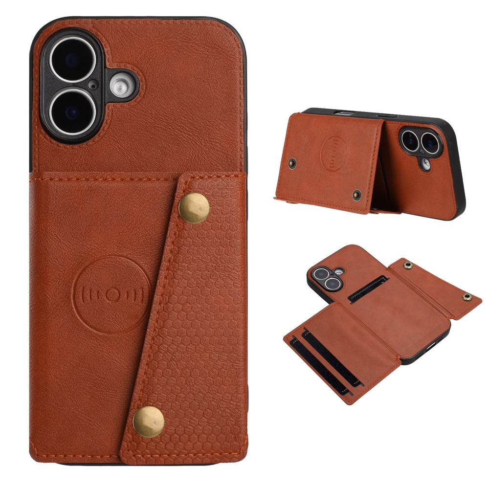 For iPhone 17 Case with Card Slots Kickstand Leather + TPU Phone Cover - Brown