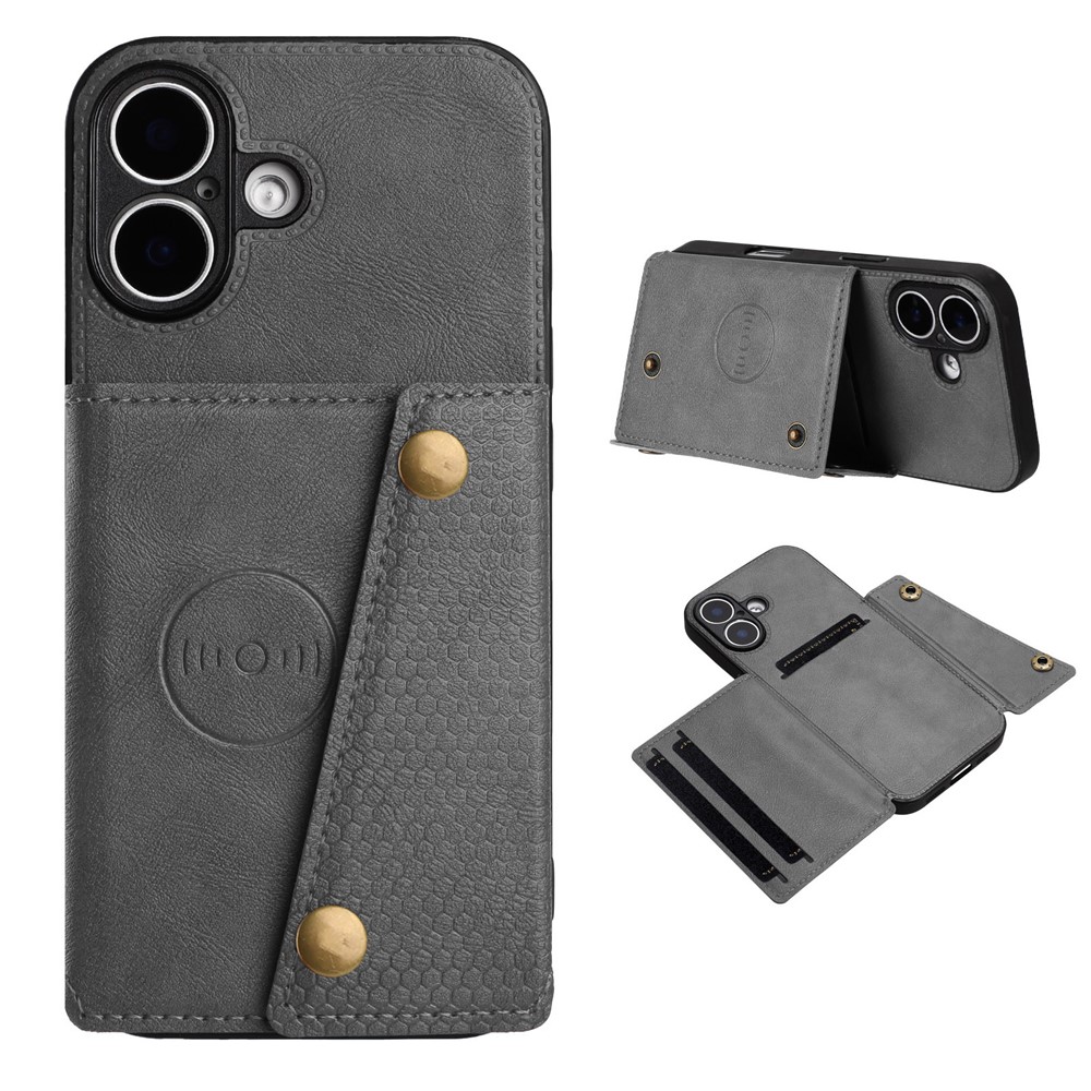 For iPhone 17 Case with Card Slots Kickstand Leather + TPU Phone Cover - Grey