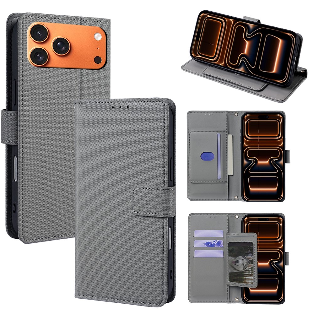 For iPhone 17 Pro Max Case Triangle Imprinted Skin Touch PU Leather Phone Wallet Cover - Grey