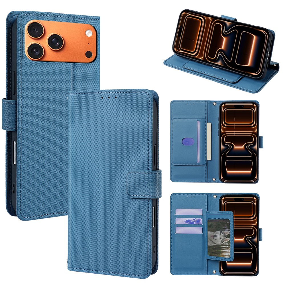 For iPhone 17 Pro Max Case Triangle Imprinted Skin Touch PU Leather Phone Wallet Cover - Blue