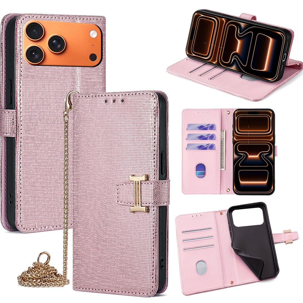 For iPhone 17 Pro Max Case Wallet Sequins Leather Crossbody Phone Cover - Rose Gold