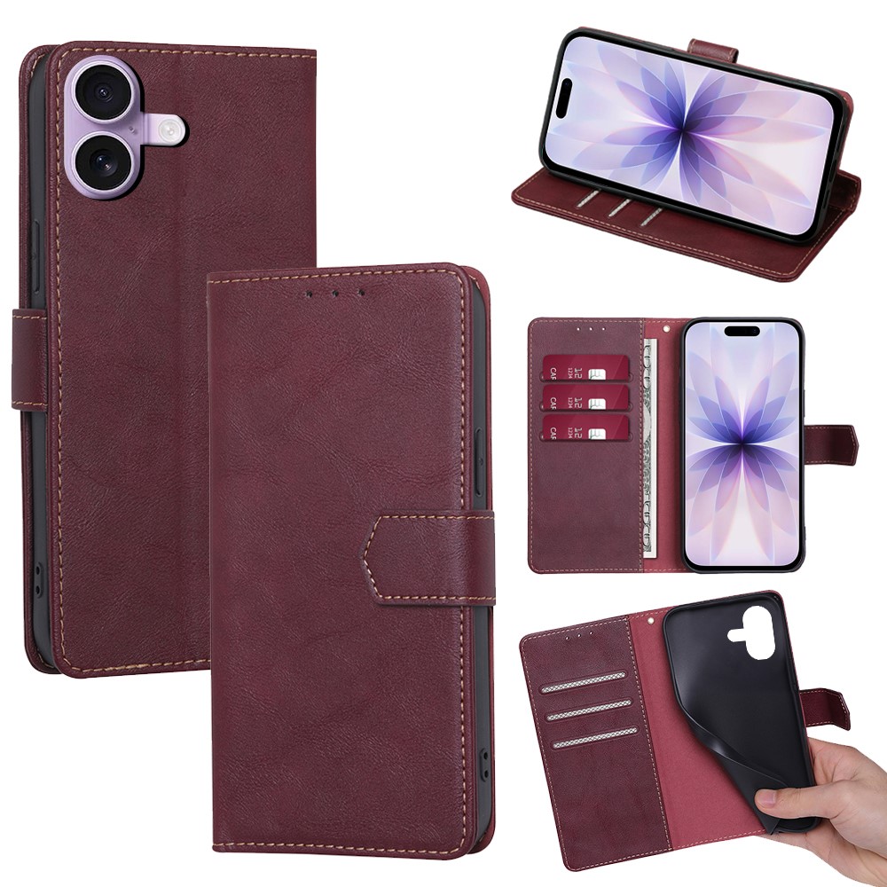 For iPhone 17 Case Leather Phone Cover with RFID Blocking Wallet - Wine Red
