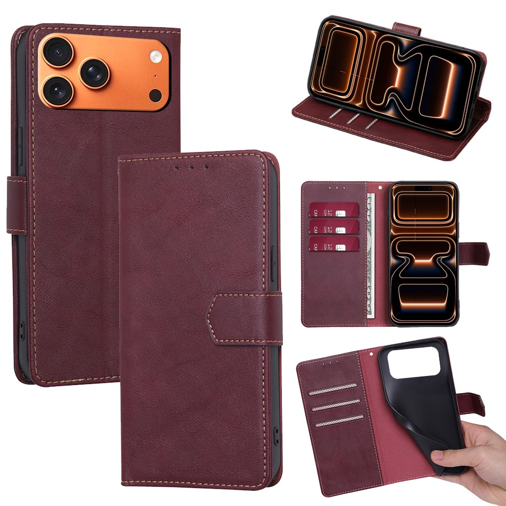 For iPhone 17 Pro Max Case Leather Phone Cover with RFID Blocking Wallet - Wine Red