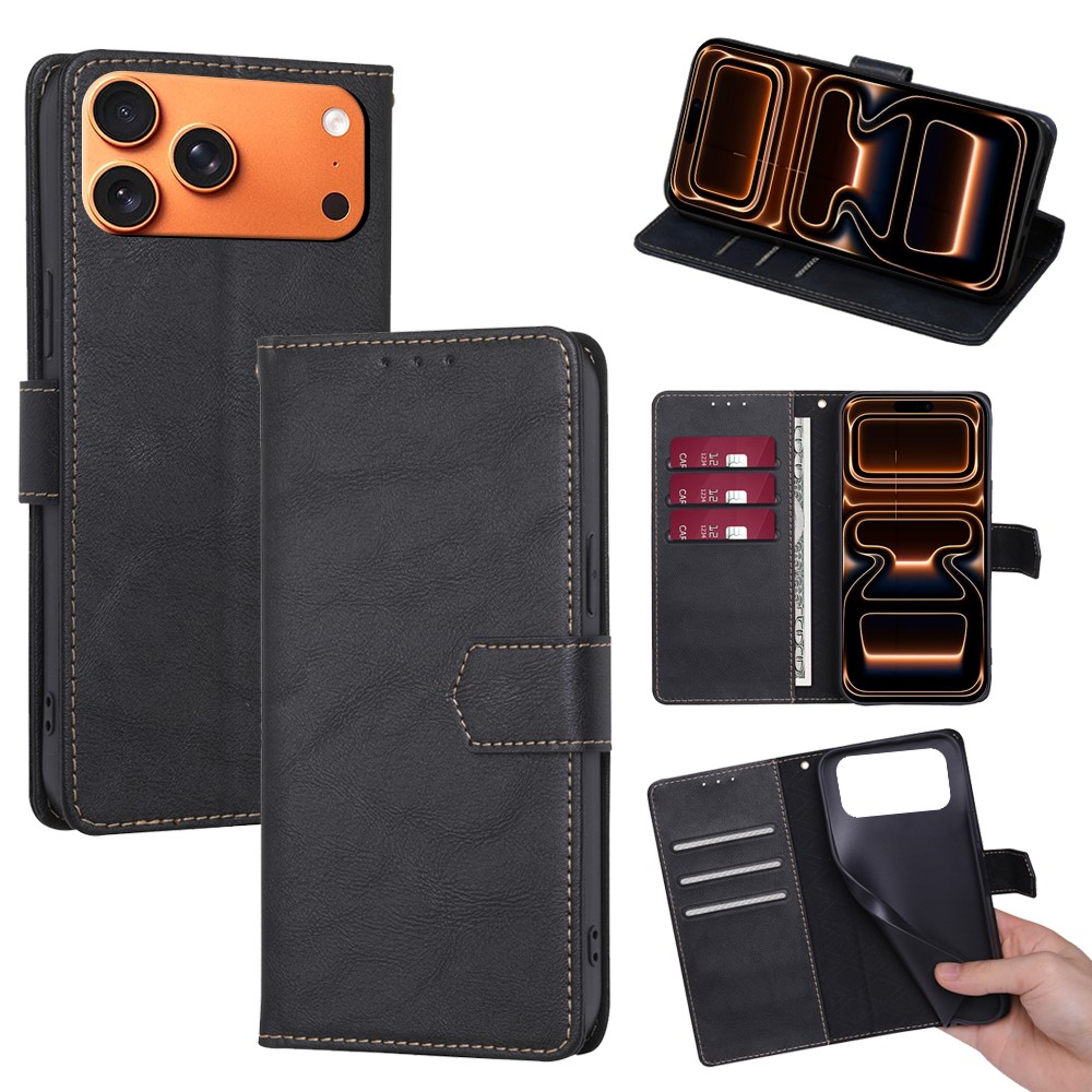 For iPhone 17 Pro Max Case Leather Phone Cover with RFID Blocking Wallet - Black