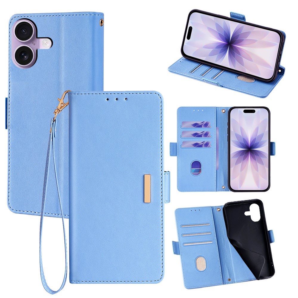 For iPhone 17 Case RFID Blocking Wallet PU Leather Phone Cover with Wrist Strap - Blue