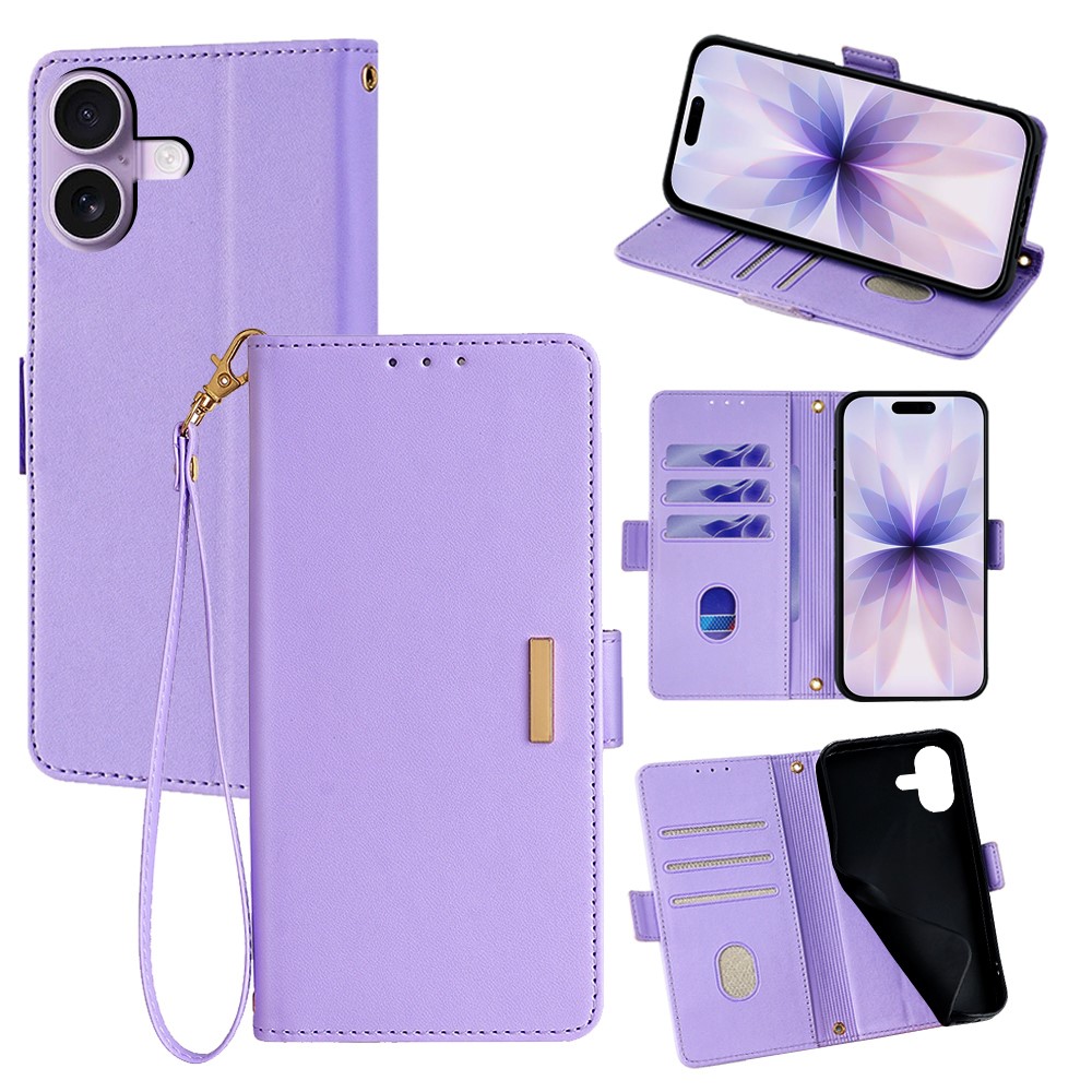 For iPhone 17 Case RFID Blocking Wallet PU Leather Phone Cover with Wrist Strap - Purple